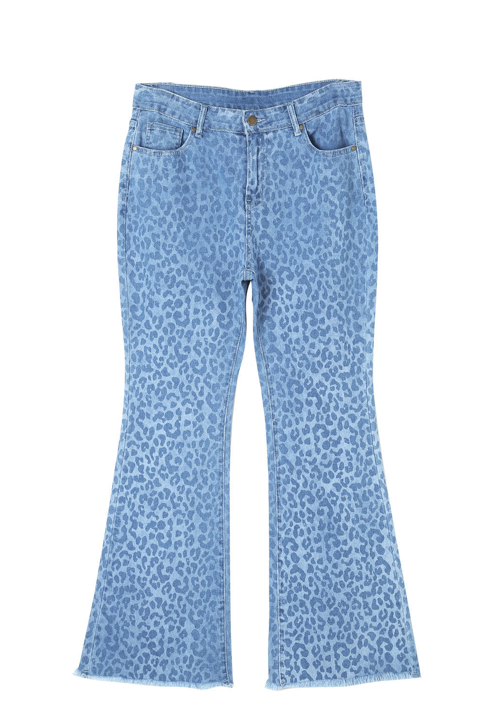 Sky Blue Leopard Print Raw Hem High Waist Flare Jeans Greta Bean & Co.