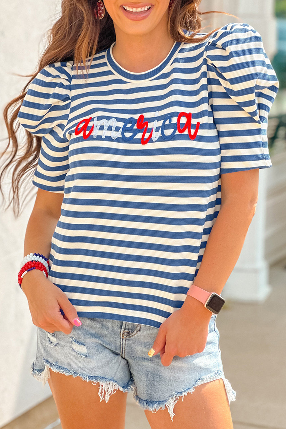 Striped America Cursive Puff Sleeve shirt - Greta Bean & Co.