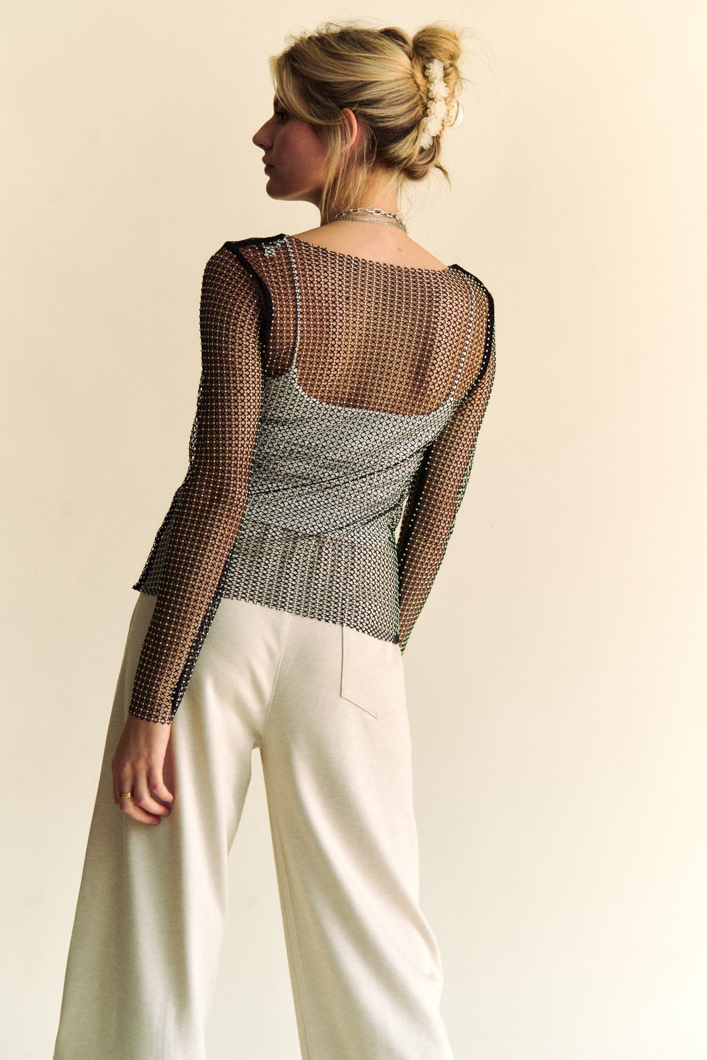 Davi & Dani Sparkling Rhinestone Sheer Mesh Round Neck Top Trendsi