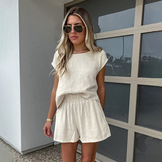 Women's Khaki Cotton and Linen Drop-shoulder Two-piece Set - Greta Bean & Co.