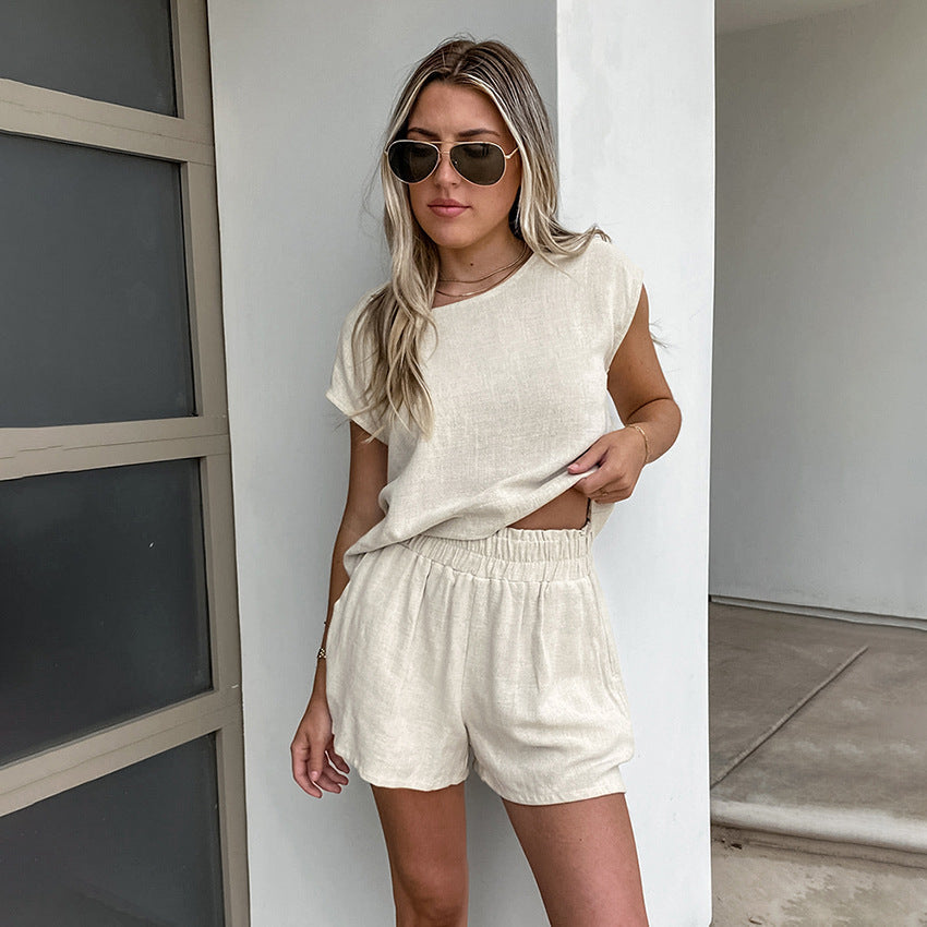 Women's Khaki Cotton and Linen Drop-shoulder Two-piece Set Greta Bean & Co.