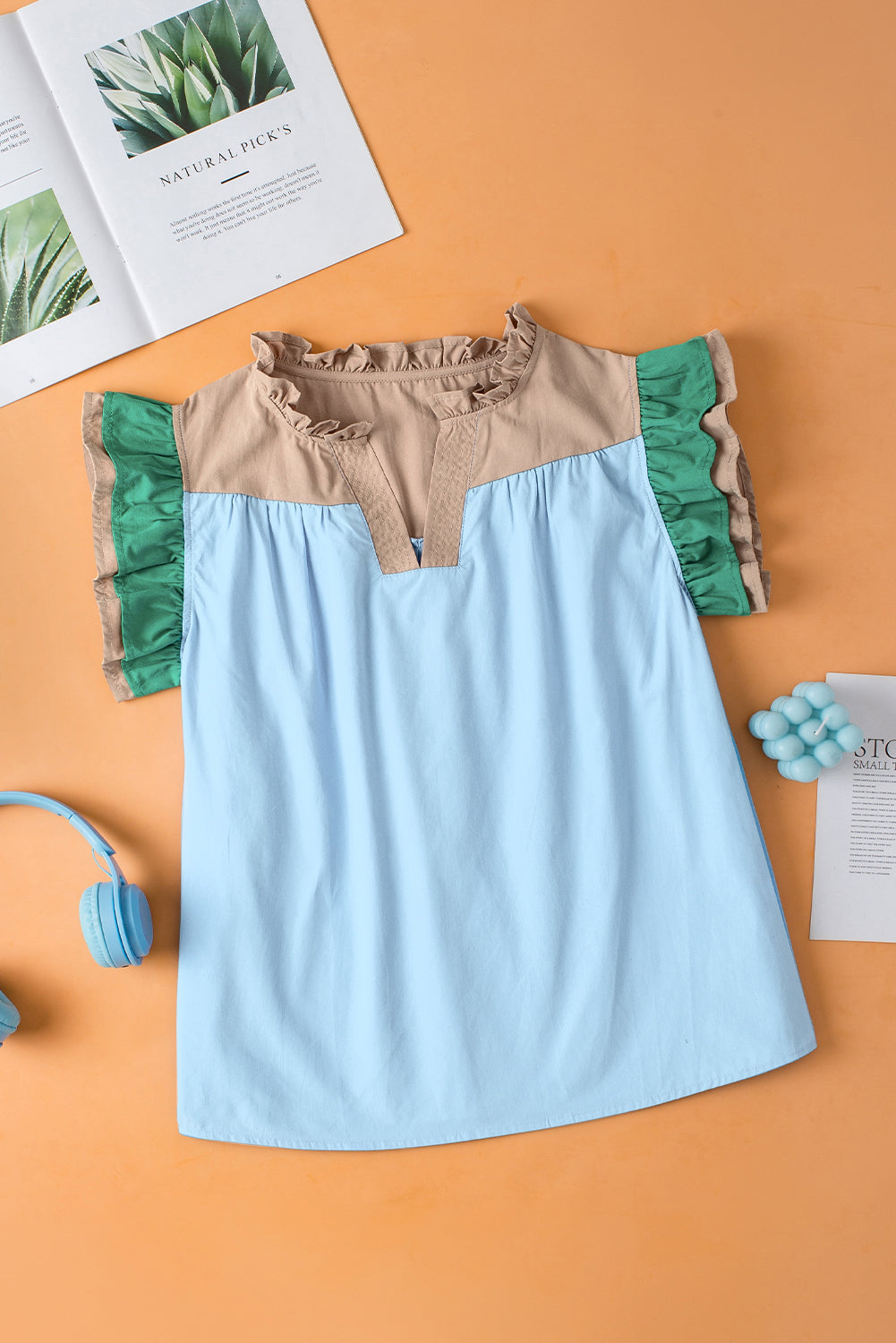 Mist Blue Colorblock Ruffled Sleeve Frill V Neck Blouse Greta Bean & Co.