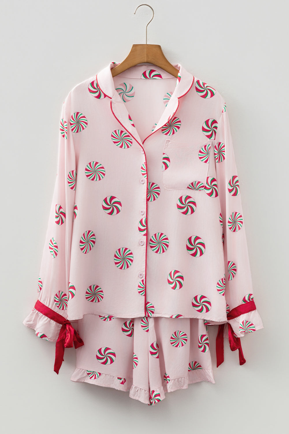 Pink Christmas Candy Contrast Trim Bow Knot Silky 2pcs Pajama Set Dear-Lover Dropshipping
