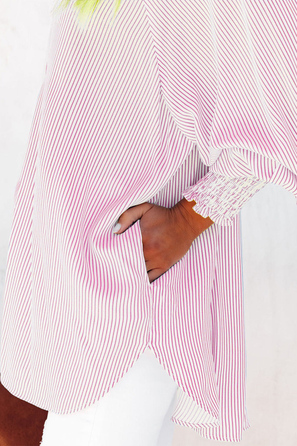 Pink Smocked Cuffed Striped Boyfriend Shirt with Pocket Greta Bean & Co.