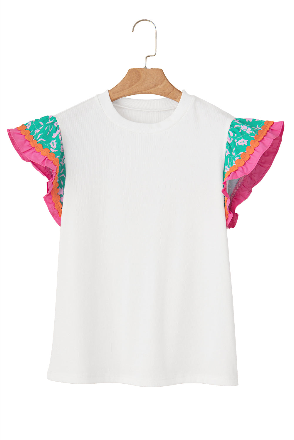 White Color Block Floral Print Ruffle Sleeve Blouse Greta Bean & Co.