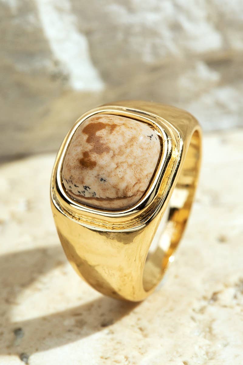 Natural Stone Round Square Ring: Dalmatian(Gddal) / OS - Greta Bean & Co.