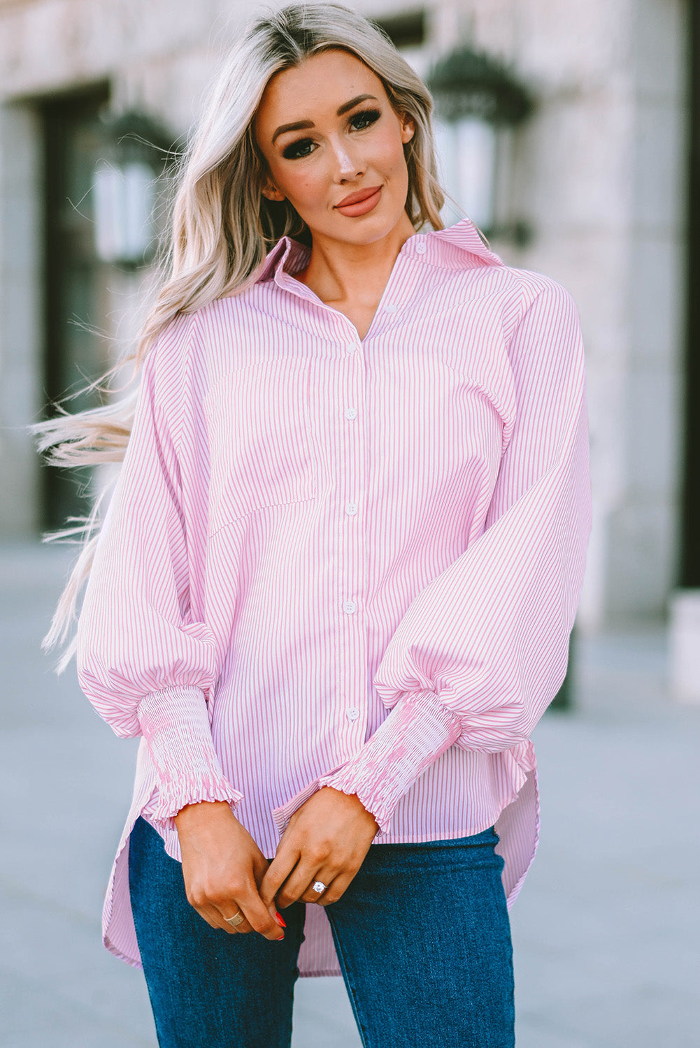 Pink Smocked Cuffed Striped Boyfriend Shirt with Pocket Greta Bean & Co.