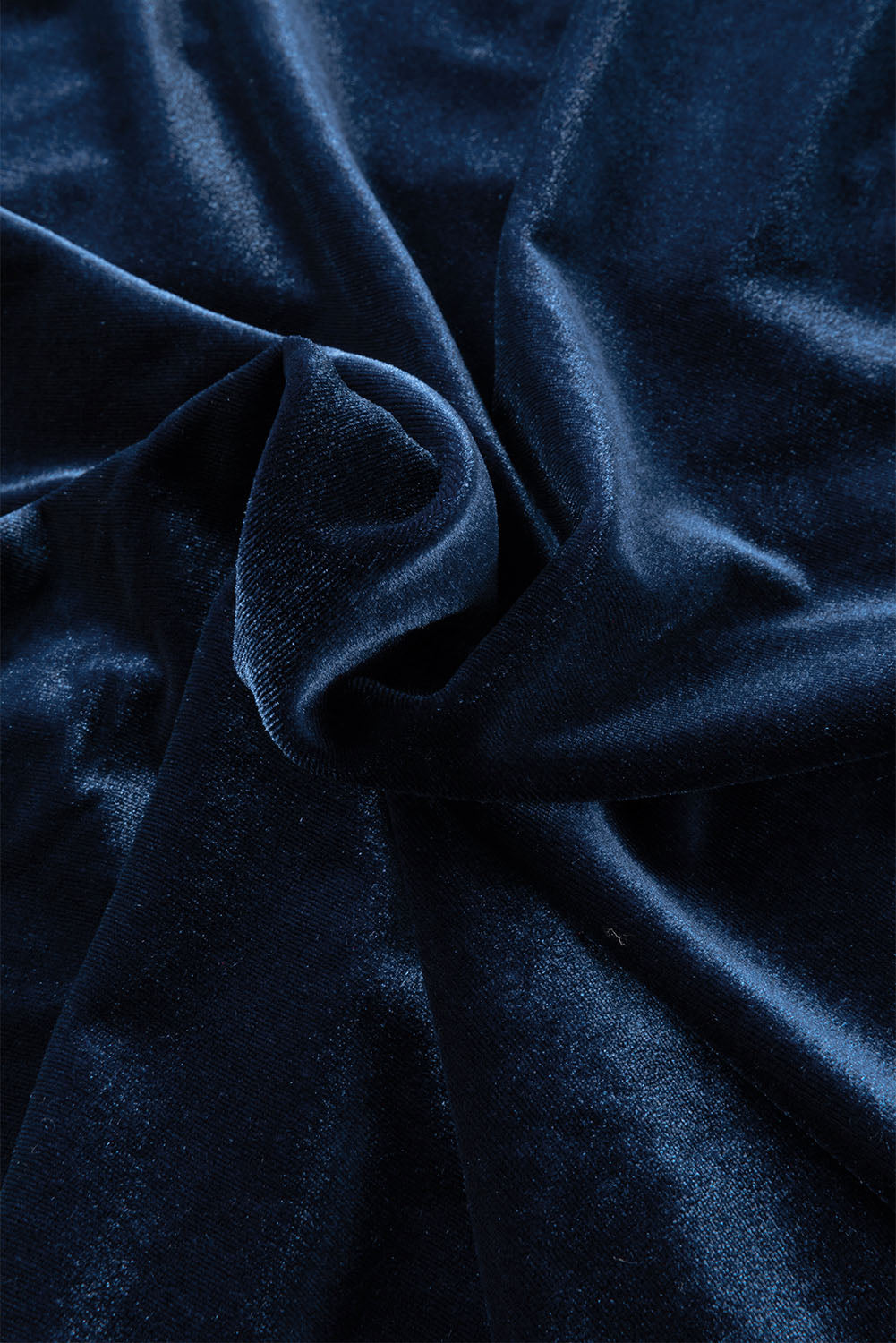Navy Blue Frilled Buttoned V Neck Velvet Blouse Shewin