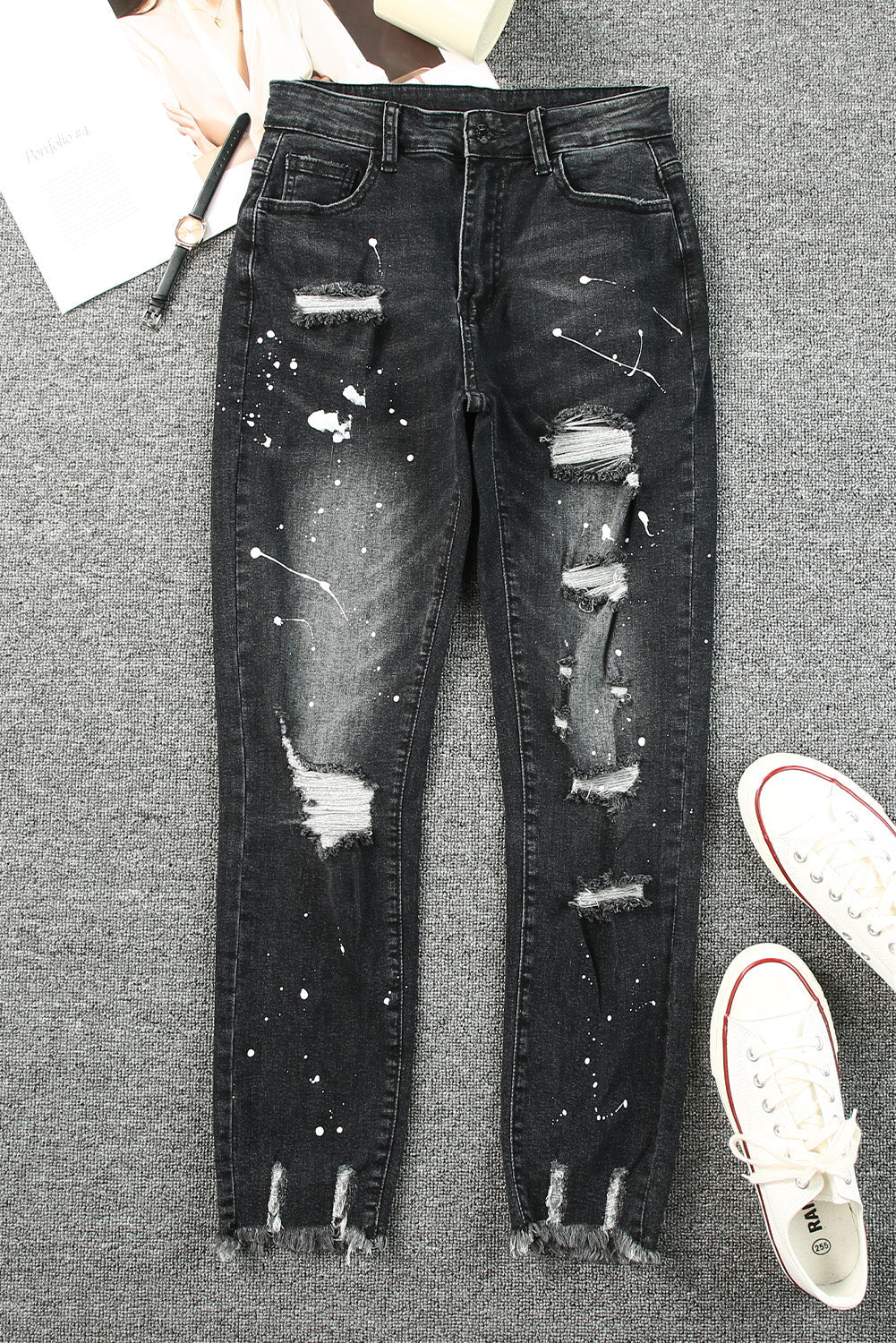 Black Ink Splash Distressed Skinny Jeans Greta Bean & Co.