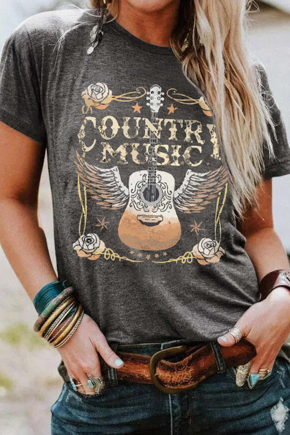 Gray COUNTRY MUSIC Guitar Graphic Print Crew Neck T Shirt Greta Bean & Co.