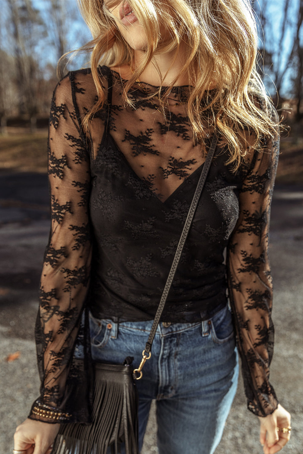 Black Mesh Crochet Splicing Slim Fit Long Sleeve Blouse - Greta Bean & Co.