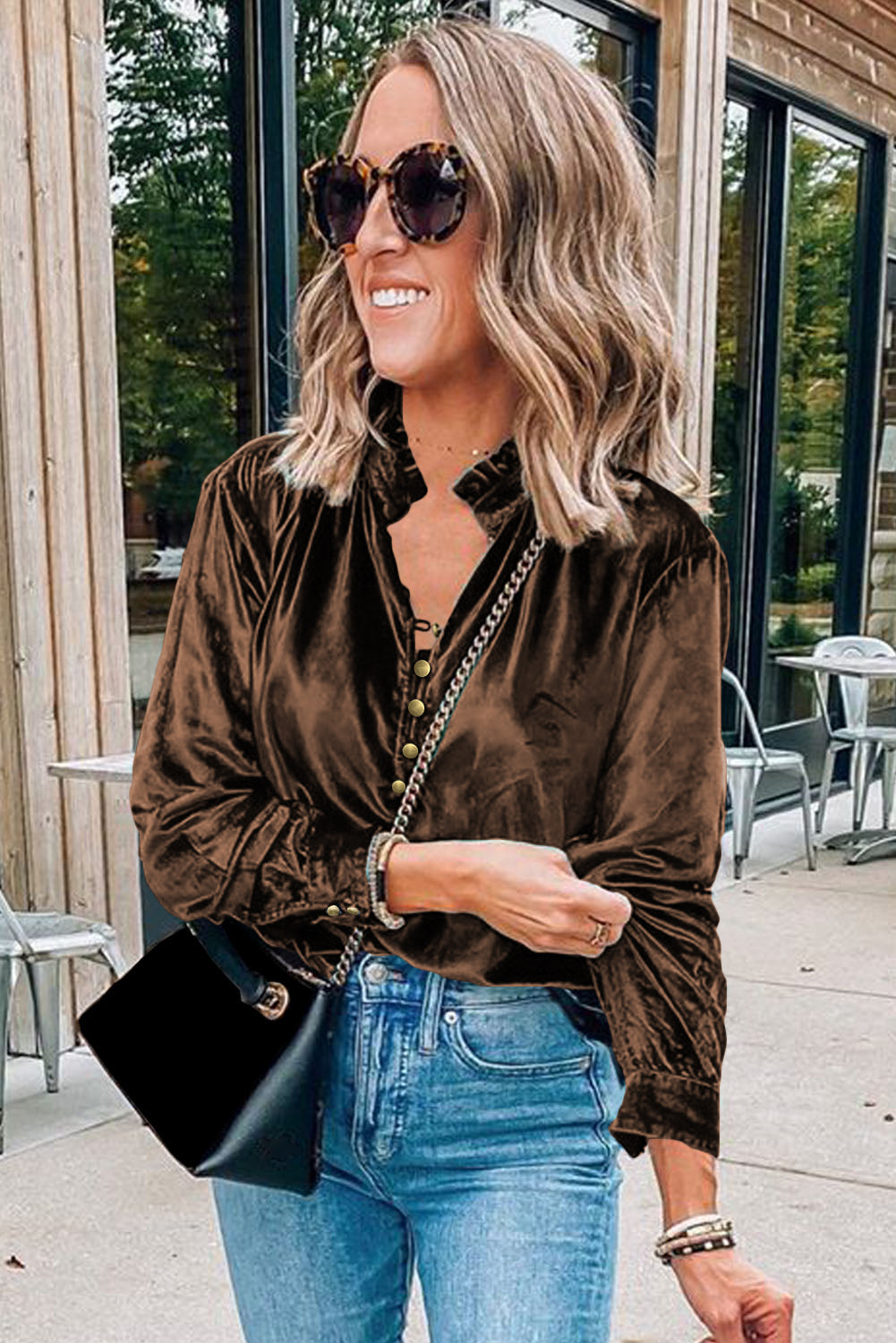 Desert Palm Frilled Neck Buttoned Front Velvet Top Shewin