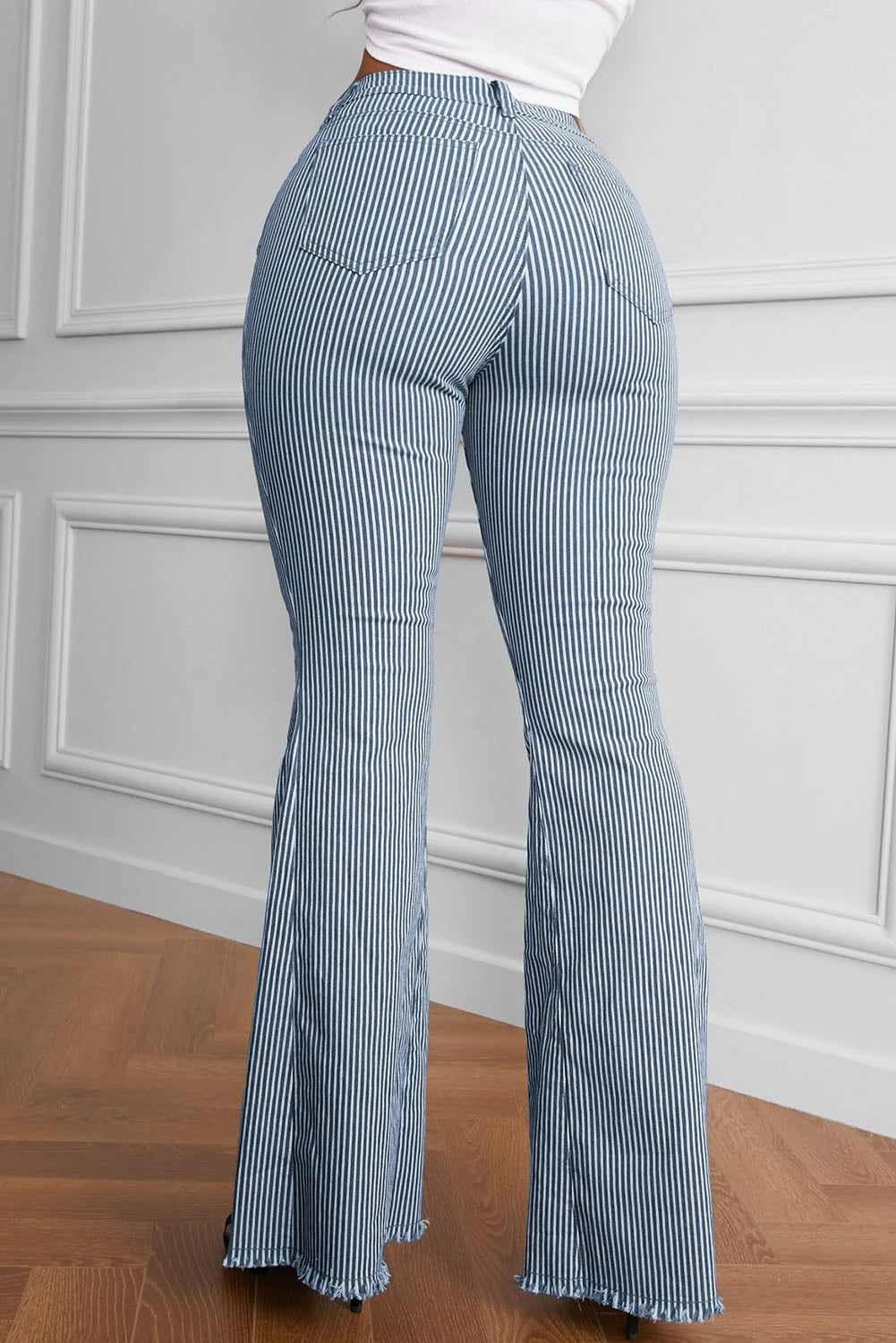 Blue & White Stripe Mid Waste Bellbottom Jeans Greta Bean & Co.