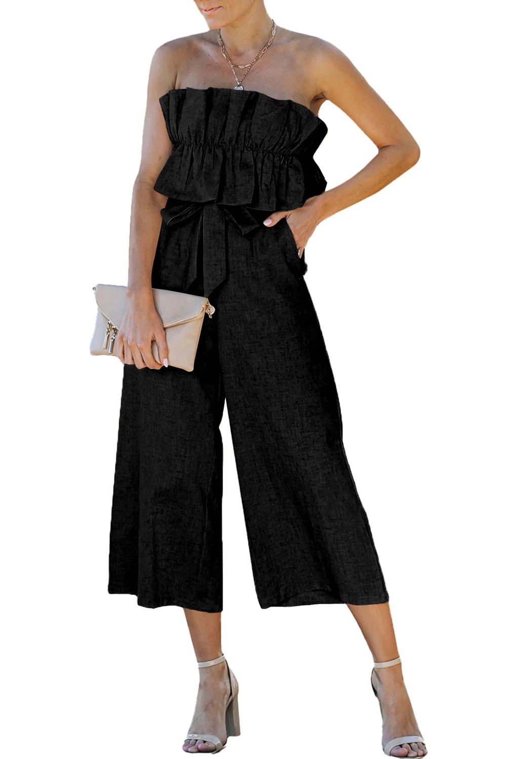 Black Linen Backless Ruffled Strapless Wide Leg Jumpsuit Greta Bean & Co.