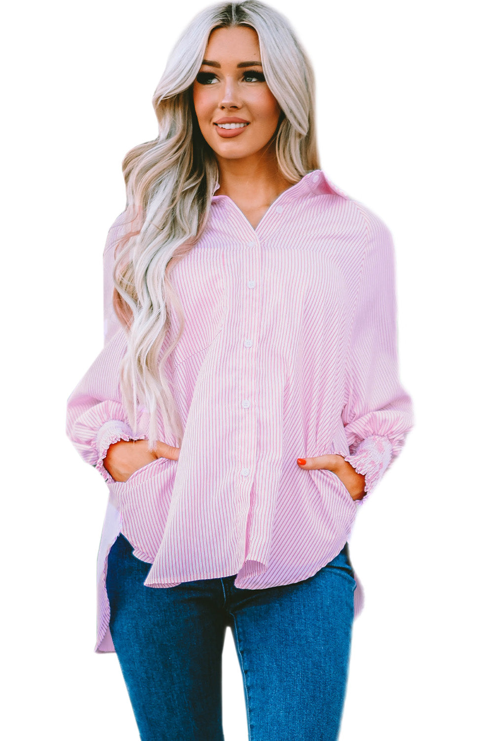 Pink Smocked Cuffed Striped Boyfriend Shirt with Pocket Greta Bean & Co.