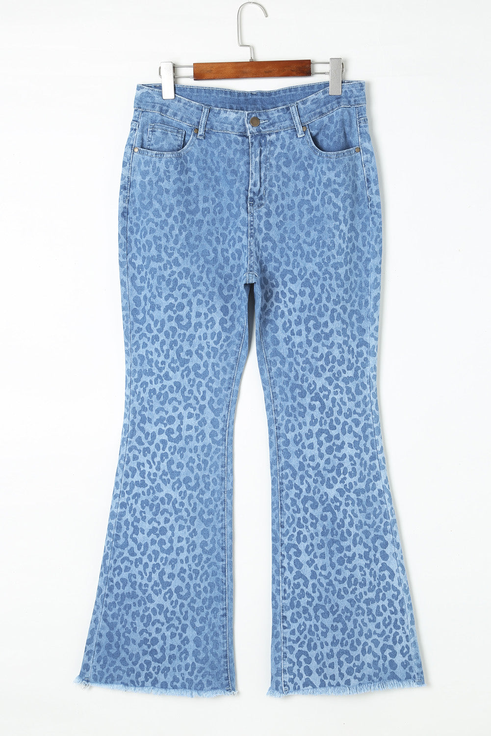 Sky Blue Leopard Print Raw Hem High Waist Flare Jeans Greta Bean & Co.