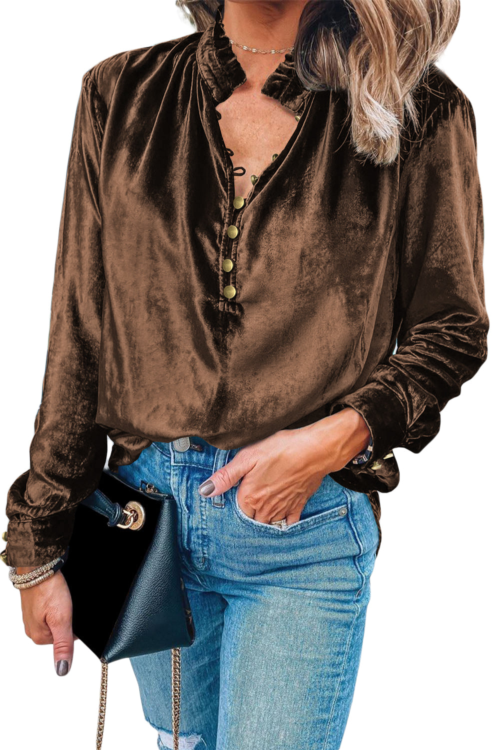 Desert Palm Frilled Neck Buttoned Front Velvet Top Shewin