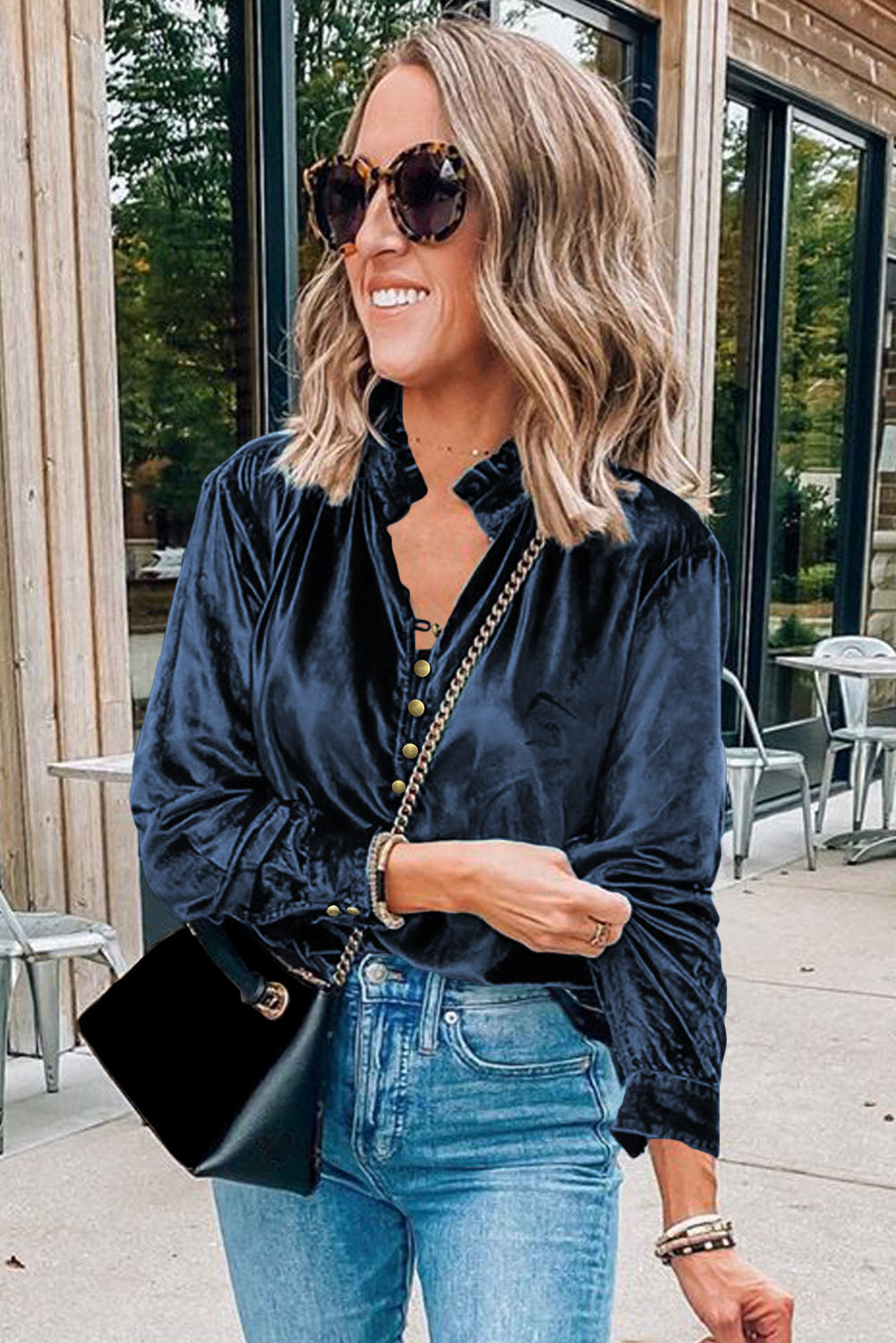 Navy Blue Frilled Buttoned V Neck Velvet Blouse Shewin