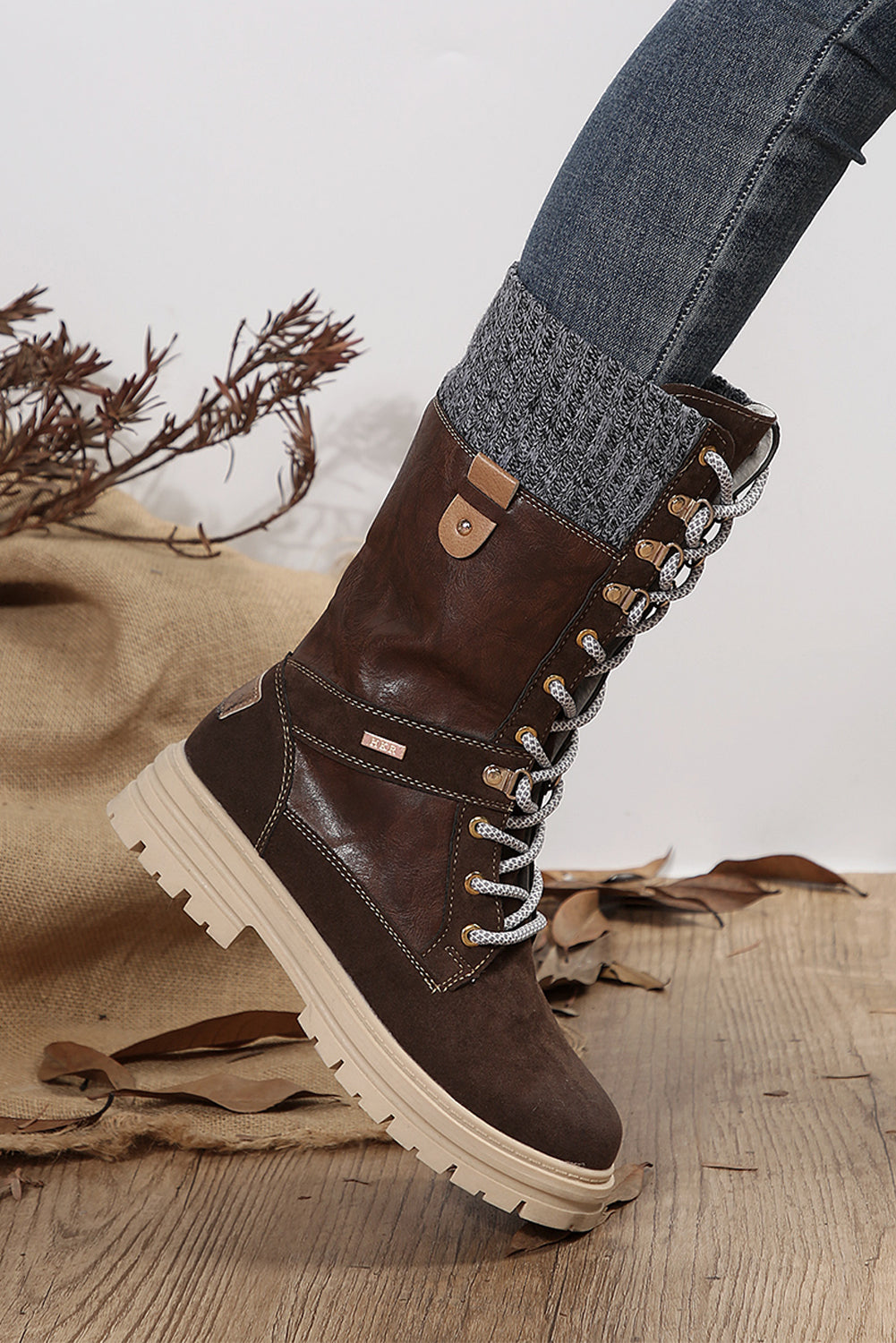 Coffee Wool Knit Patchwork Lace Up Leather Boots - Greta Bean & Co.