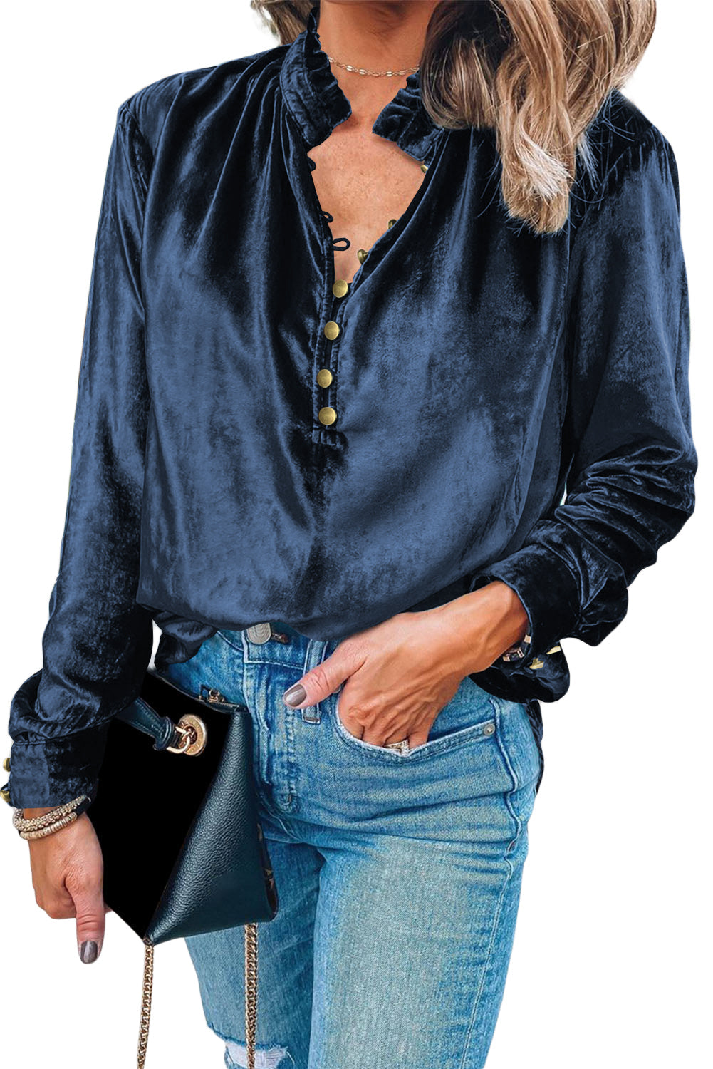 Navy Blue Frilled Buttoned V Neck Velvet Blouse Shewin