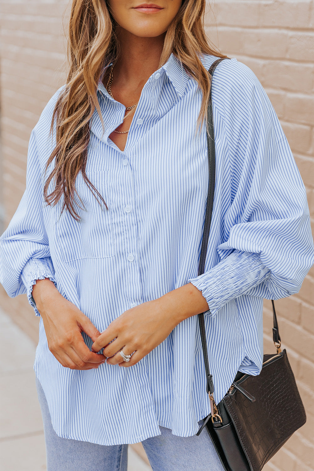 Black Striped Casual Shirred Cuffs Shirt Greta Bean & Co.