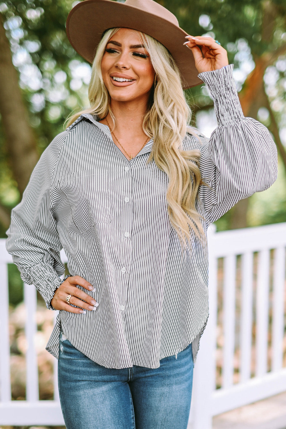 Black Striped Casual Shirred Cuffs Shirt Greta Bean & Co.