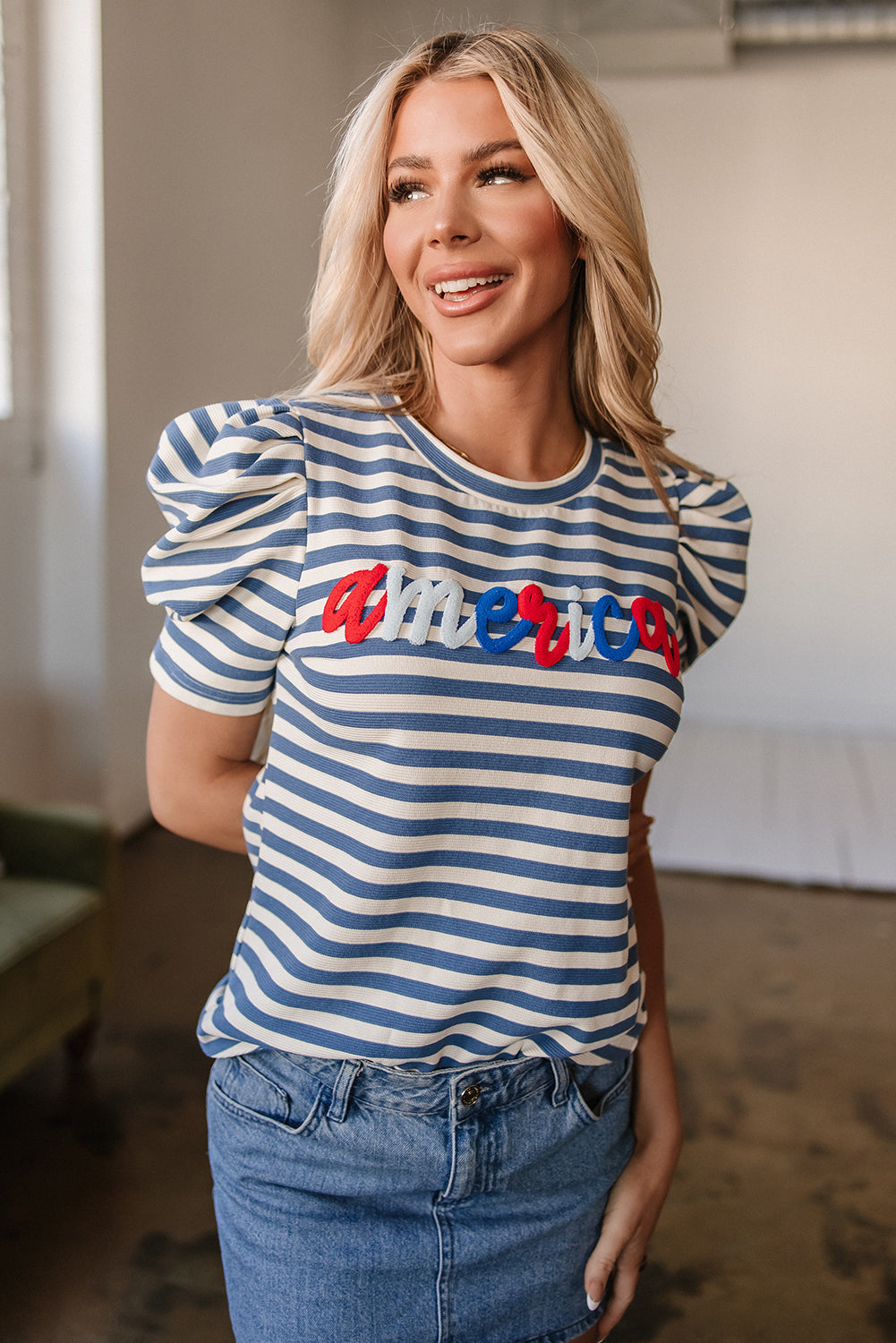 Striped America Cursive Puff Sleeve shirt - Greta Bean & Co.