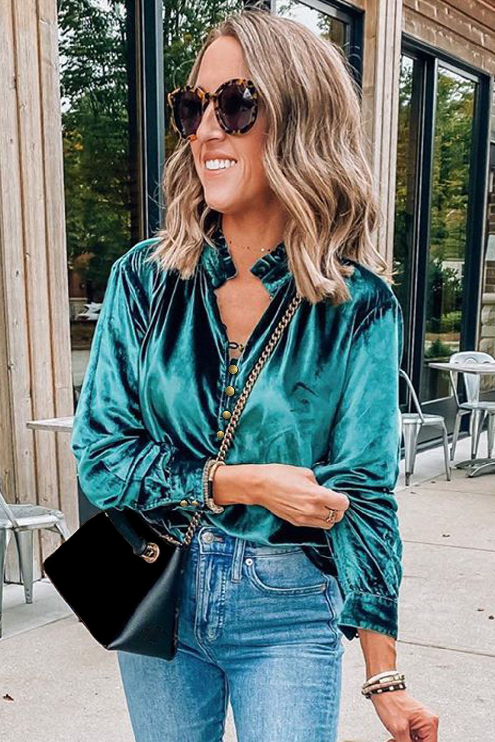 Green Frilled Neck Buttoned Front Velvet Top Shewin