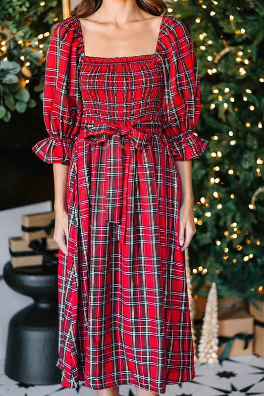 Holiday Red Tartan Plaid Midi Dress Dear-Lover Dropshipping