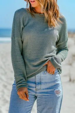 Green Waffle Knit Drop Shoulder Long Sleeve Top Greta Bean & Co.