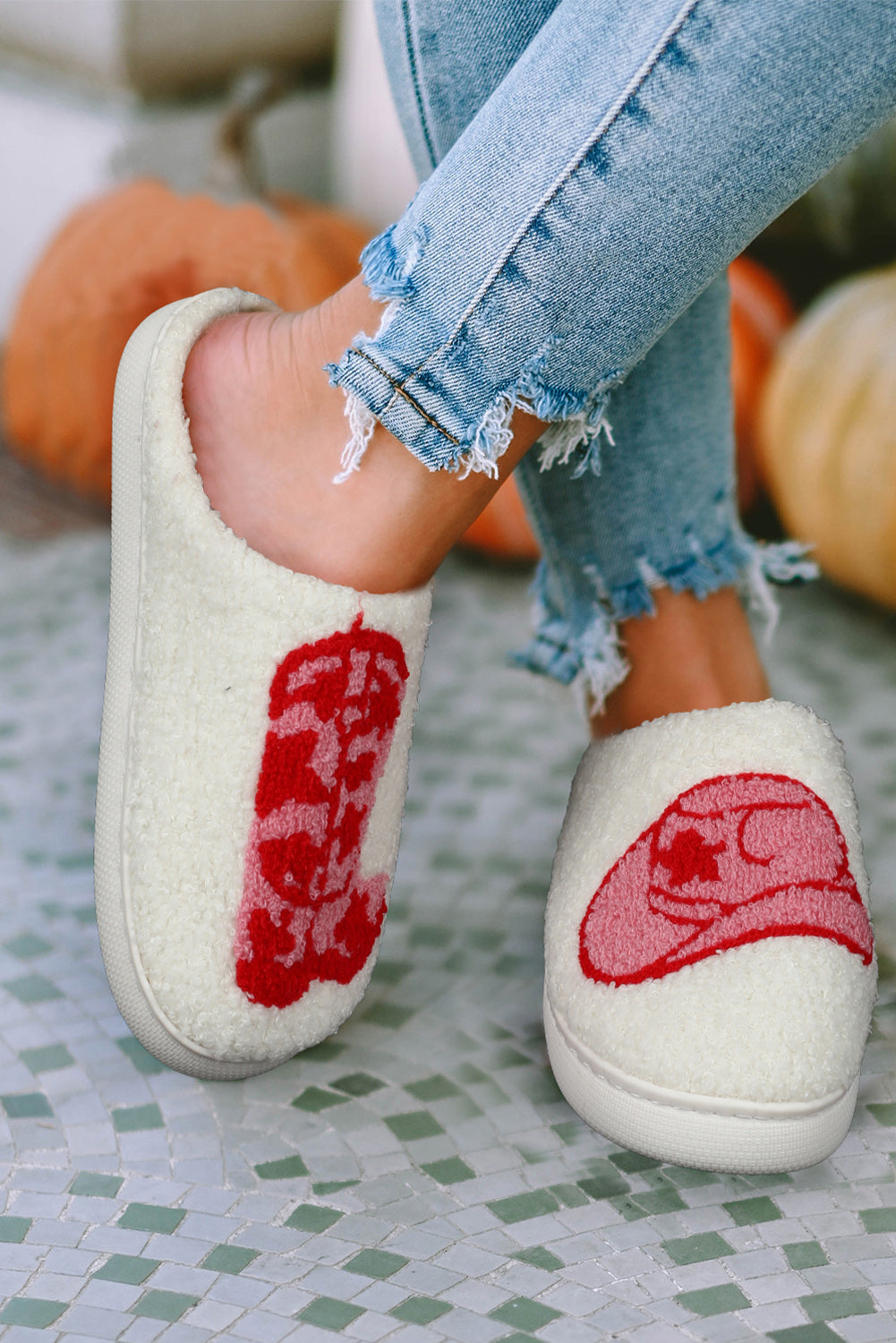 Western Graphic Embroidered Sherpa Home Slippers - Greta Bean & Co.