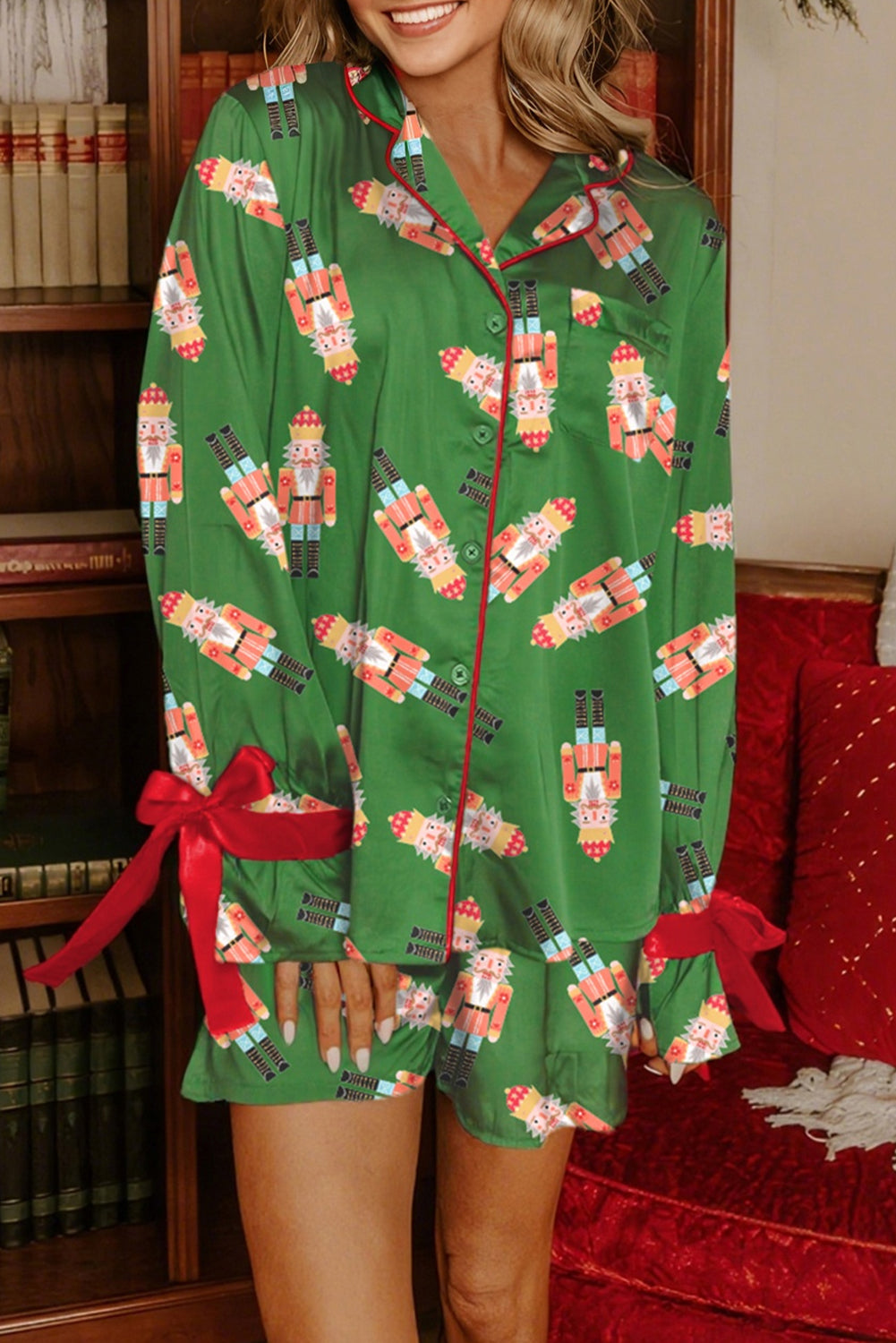 Pink Christmas Candy Contrast Trim Bow Knot Silky 2pcs Pajama Set Dear-Lover Dropshipping
