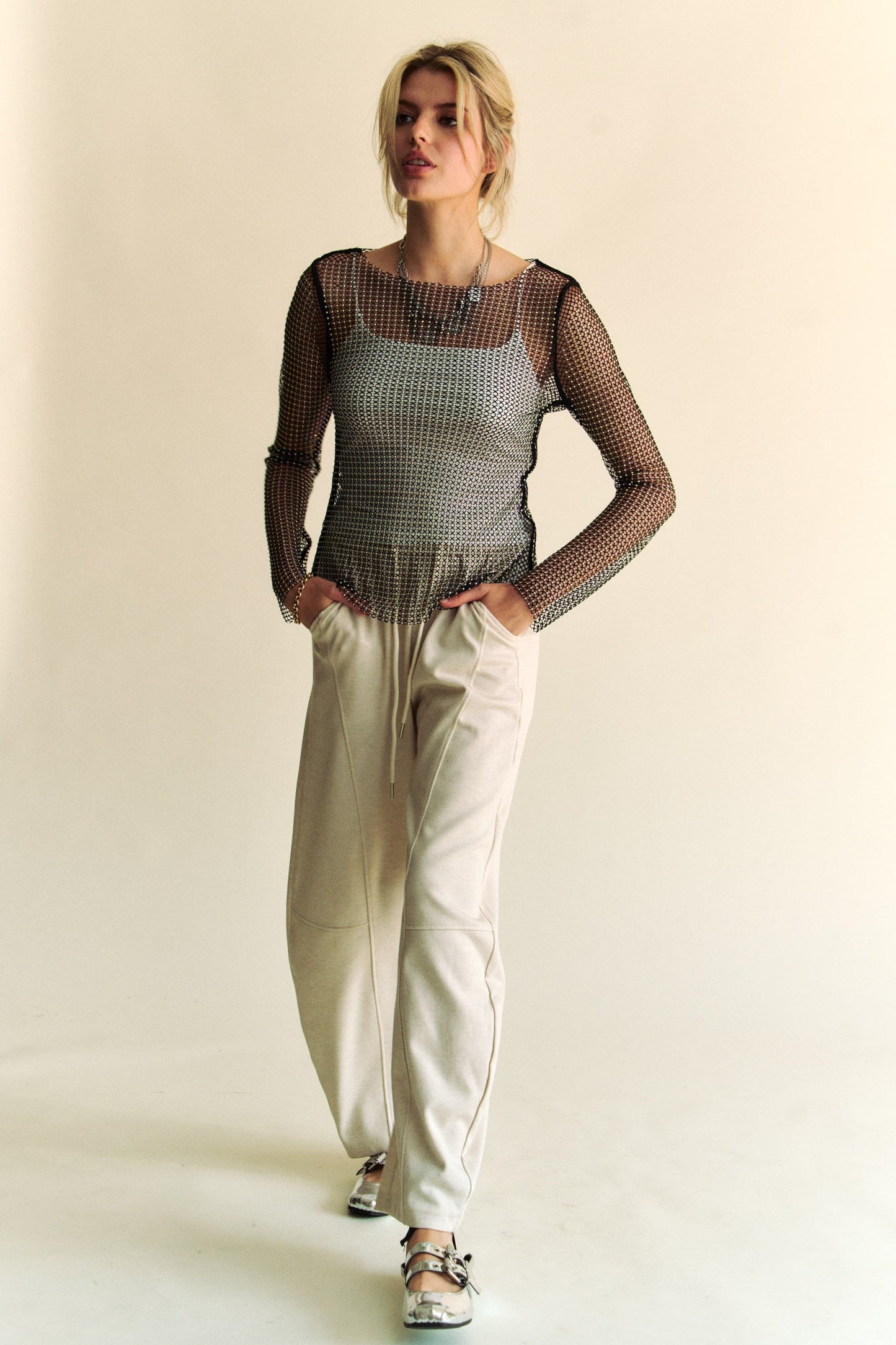 Davi & Dani Sparkling Rhinestone Sheer Mesh Round Neck Top Trendsi