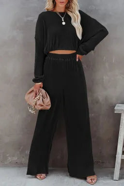 Black Cropped Pullover and Wide Leg Pants Set Greta Bean & Co.