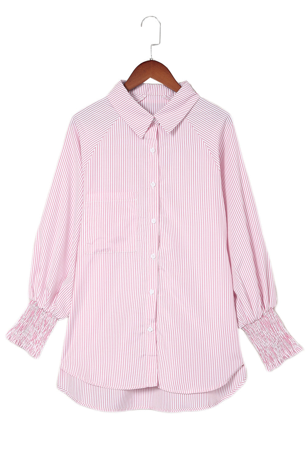 Pink Smocked Cuffed Striped Boyfriend Shirt with Pocket Greta Bean & Co.