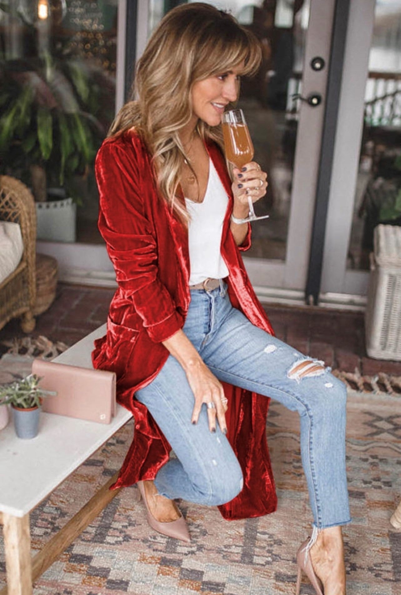 Red Velvet Open Front Long Cardigan Greta Bean & Co.