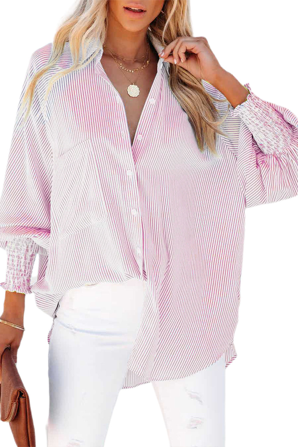 Pink Smocked Cuffed Striped Boyfriend Shirt with Pocket Greta Bean & Co.