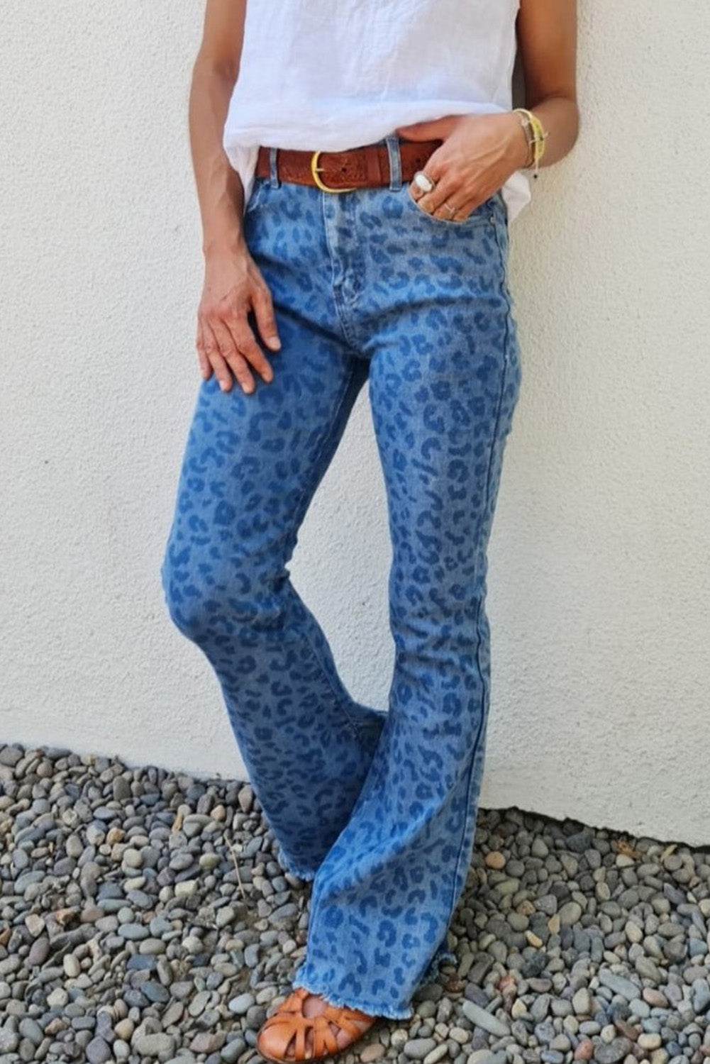 Sky Blue Leopard Print Raw Hem High Waist Flare Jeans Greta Bean & Co.