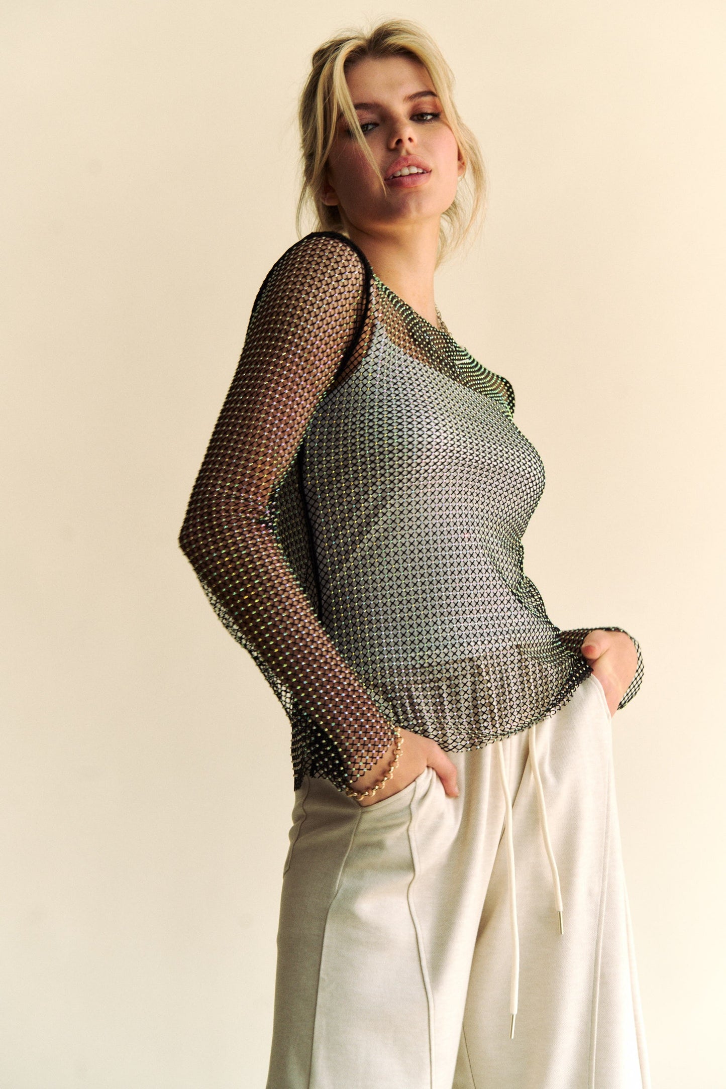 Davi & Dani Sparkling Rhinestone Sheer Mesh Round Neck Top Trendsi