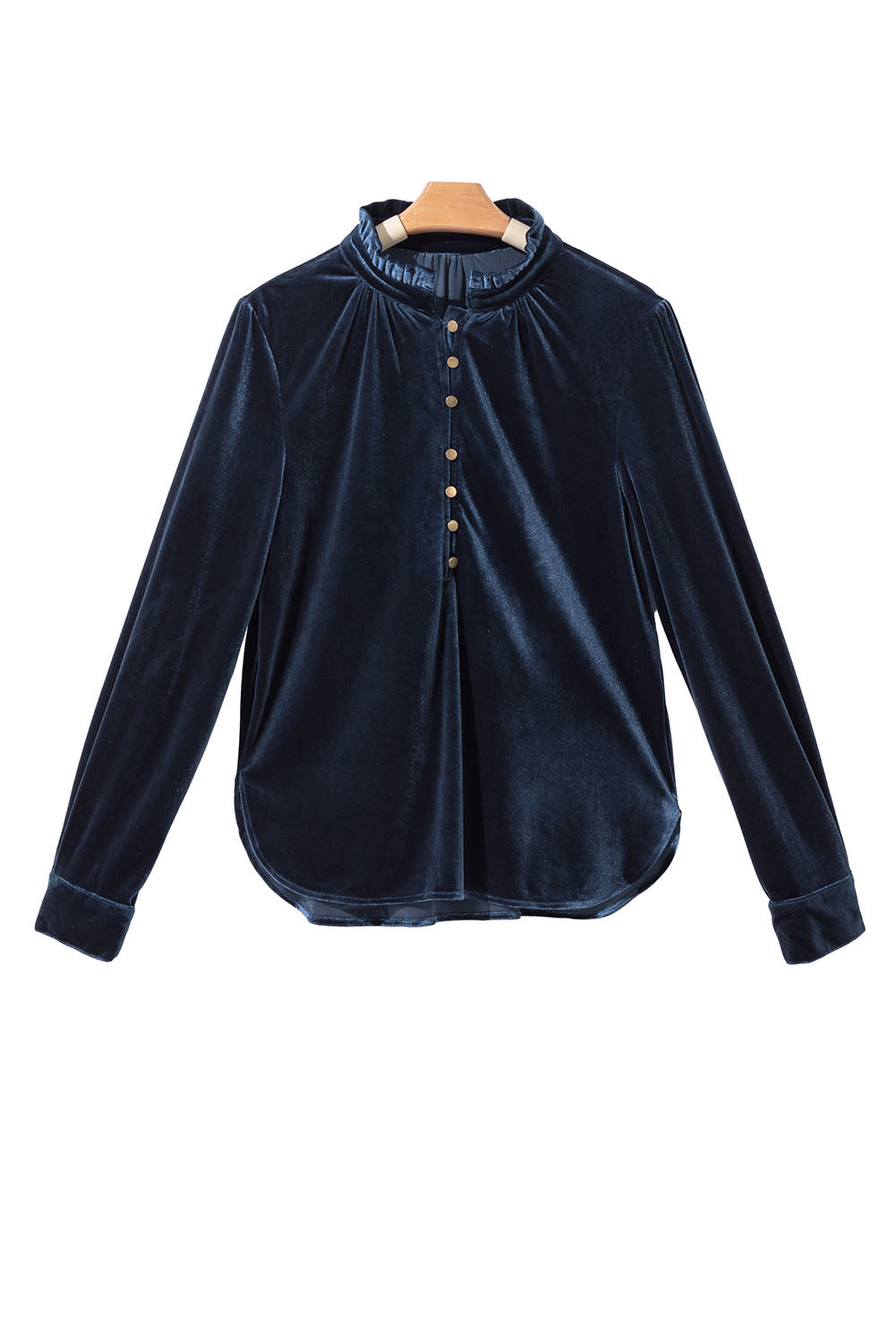 Navy Blue Frilled Buttoned V Neck Velvet Blouse Shewin