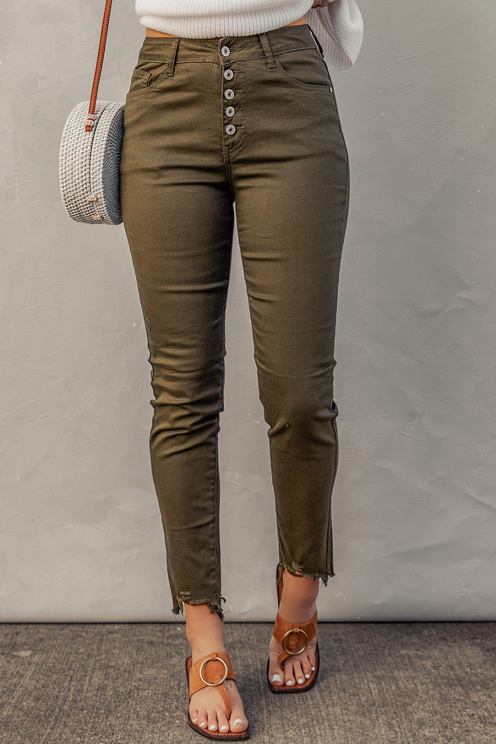 Green Plain High Waist Buttons Frayed Cropped Denim Jeans Greta Bean & Co.