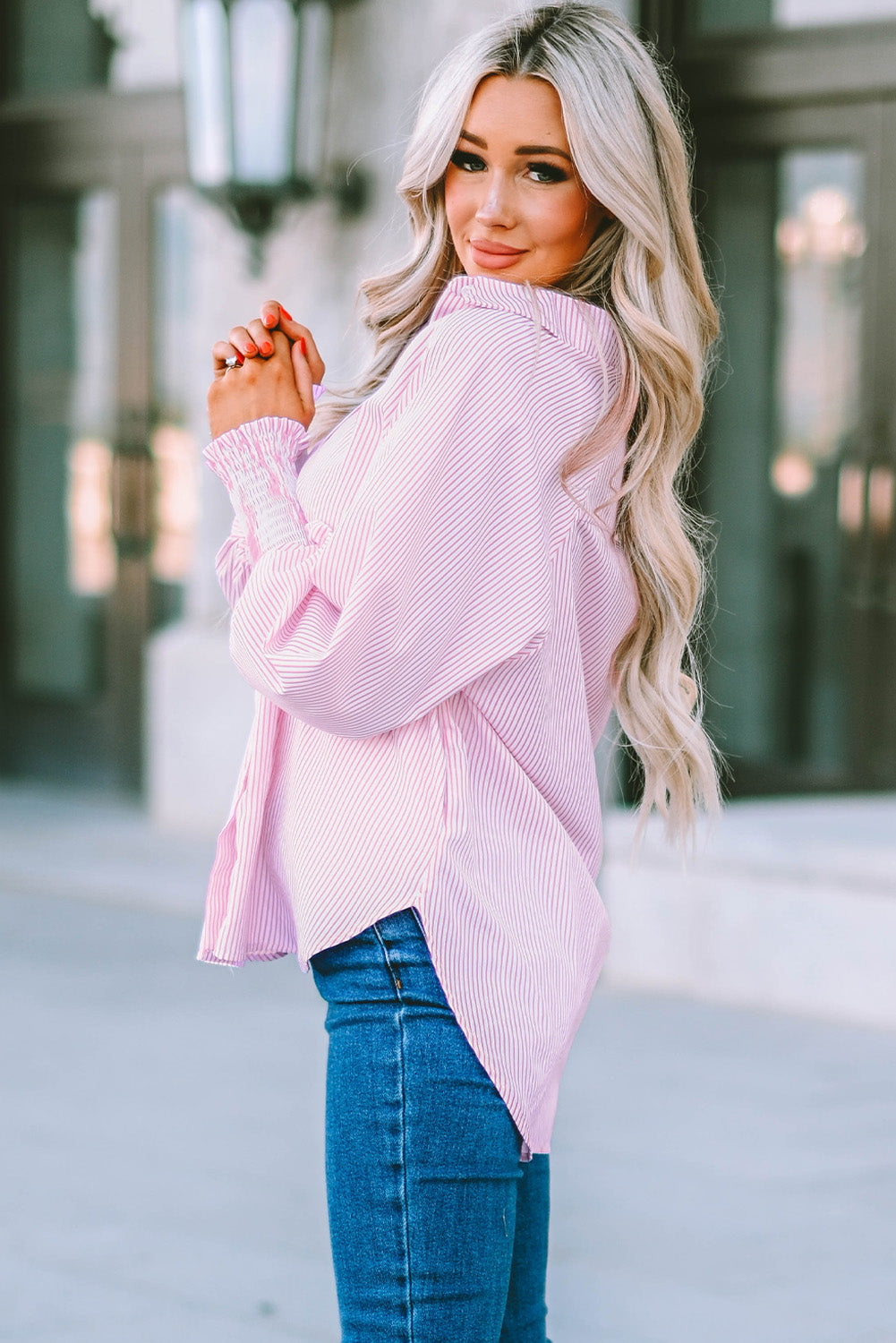 Pink Smocked Cuffed Striped Boyfriend Shirt with Pocket Greta Bean & Co.