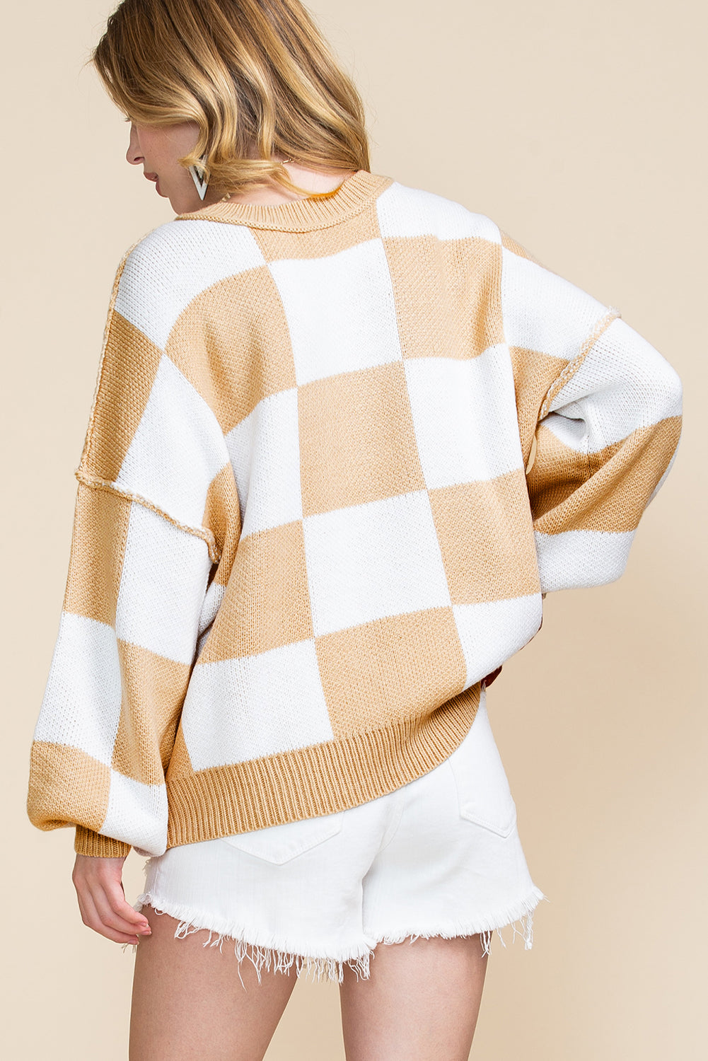 Khaki Plaid Bishop Sleeve Pullover Sweater - Greta Bean & Co.