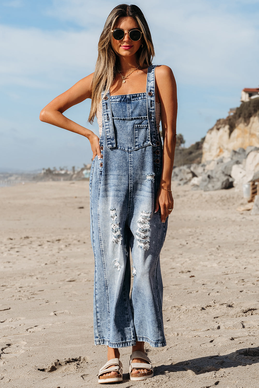 Stone Blue Distressed Bib Pocket Wide Leg Denim Overall Dear-Lover Dropshipping