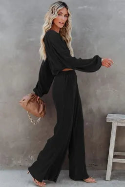 Black Cropped Pullover and Wide Leg Pants Set - Greta Bean & Co.