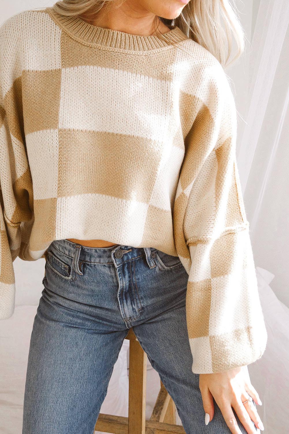 Khaki Plaid Bishop Sleeve Pullover Sweater - Greta Bean & Co.