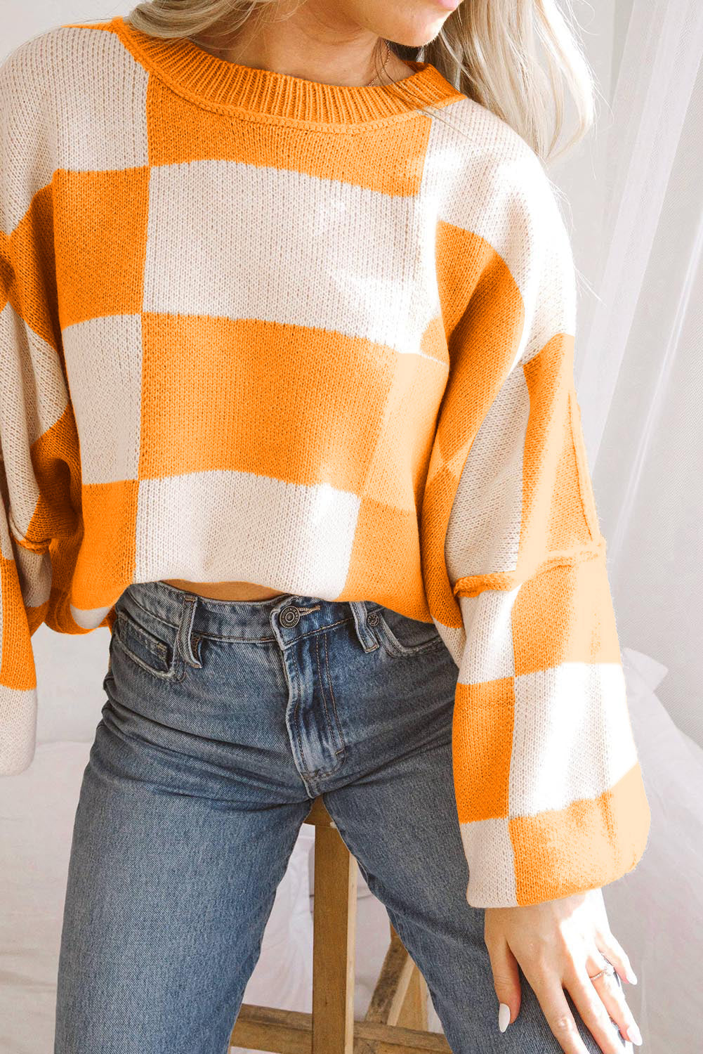 Orange & White Plaid Exposed Seam Bishop Sleeve Sweater - Greta Bean & Co.