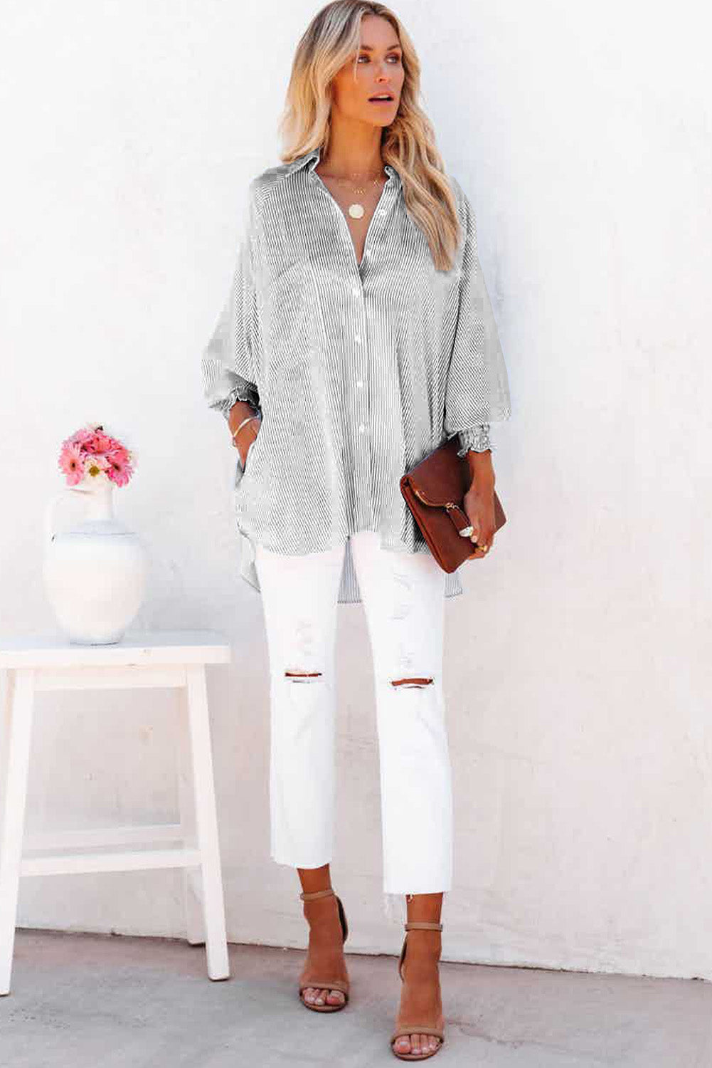 Black Striped Casual Shirred Cuffs Shirt Greta Bean & Co.