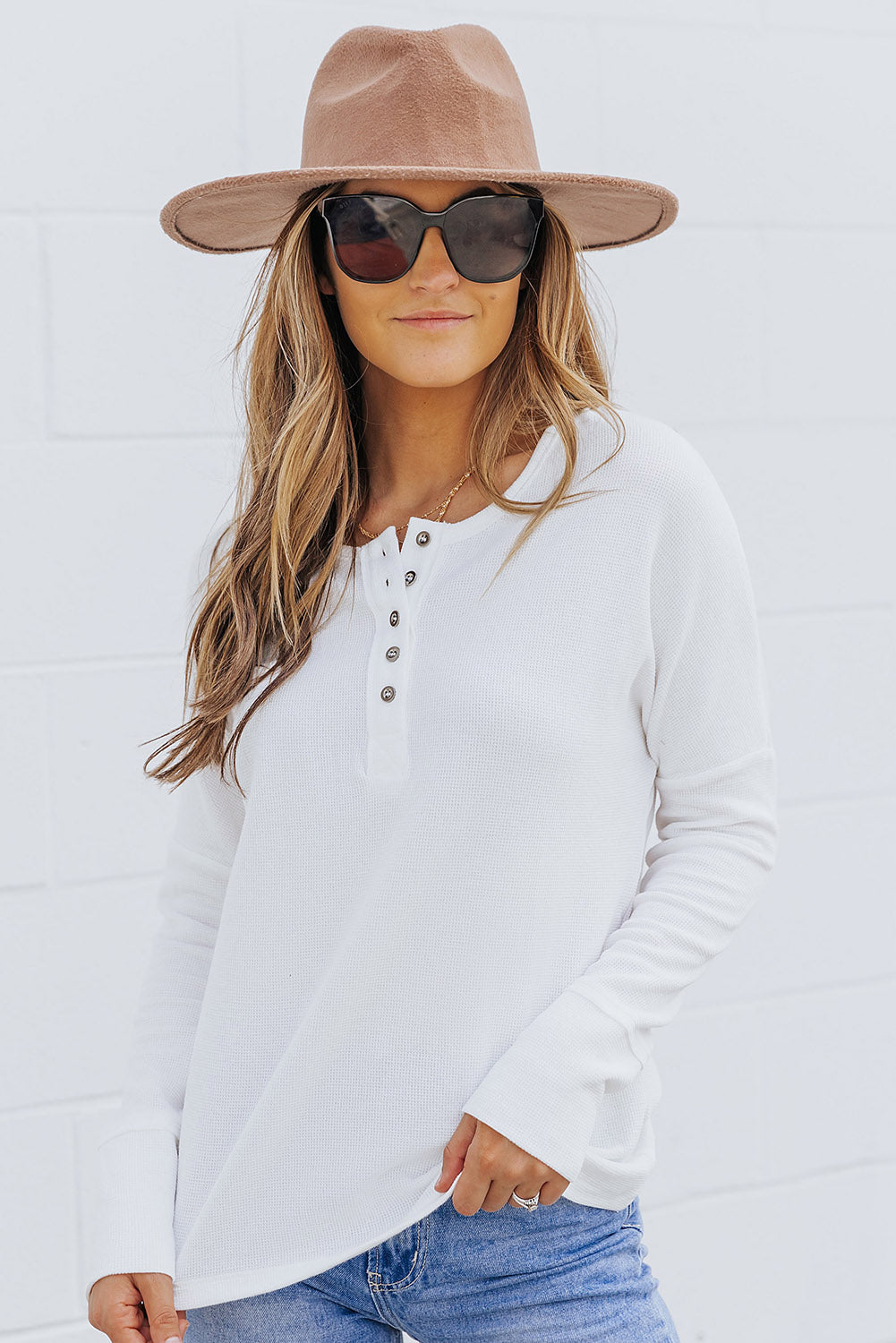 White Waffle Knit Henley Top - Greta Bean & Co.