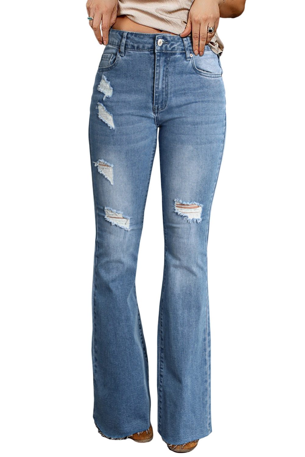 Sky Blue Dark Wash Mid Rise Flare Jeans Greta Bean & Co.